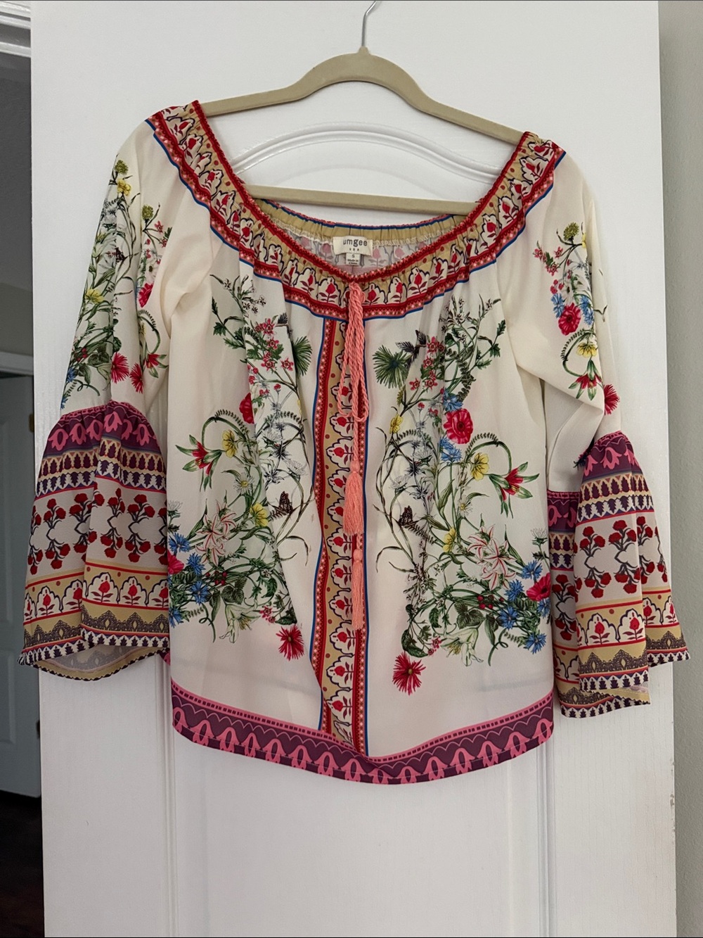 Umgee Cream Floral Boho Peasant Blouse with Pink & Red Accents